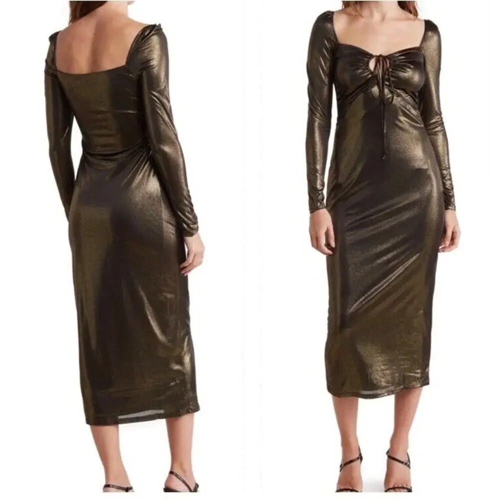 NSR Women's Medium Long Sleeves Metallic Midi Dress Gold Bronze Cut Out Cocktail